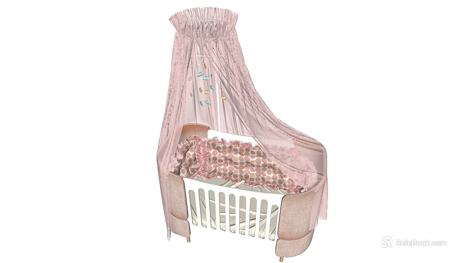 Sweet Baby Crib With Soft Pink Frilled Canopy And Floral Patterned Mattress 3d model 