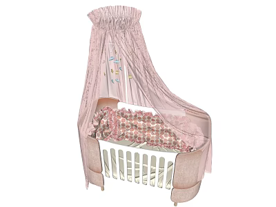 Sweet Baby Crib With Soft Pink Frilled Canopy And Floral Patterned Mattress 3d model