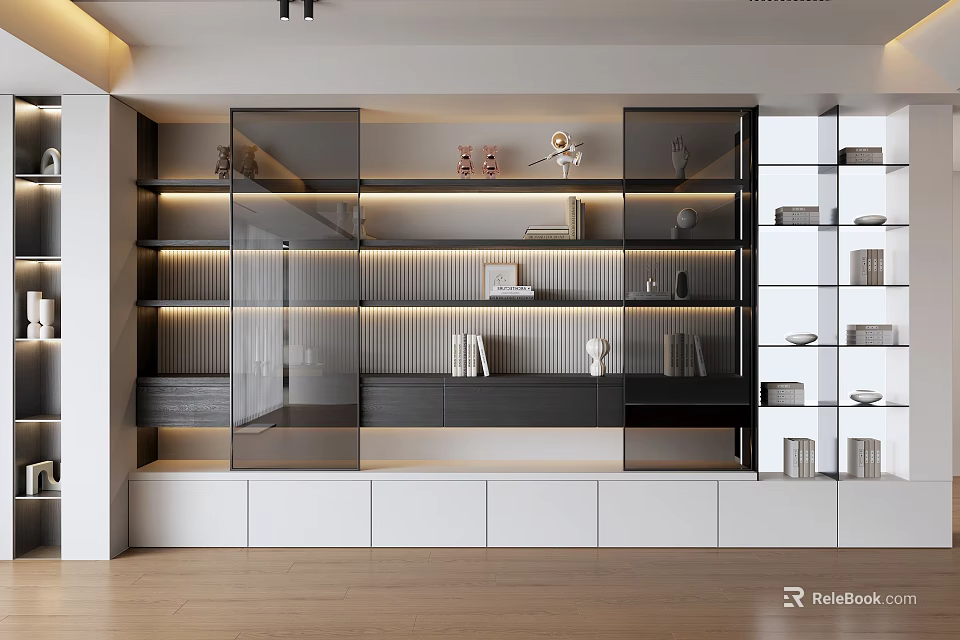 Modern Decorative Cabinet Design With Glass Doors Built In Lighting And Layered Shelves 3d model 