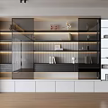 Modern Decorative Cabinet Design With Glass Doors Built In Lighting And Layered Shelves