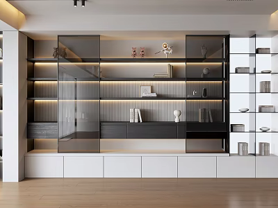 Modern Decorative Cabinet Design With Glass Doors Built In Lighting And Layered Shelves 3d model