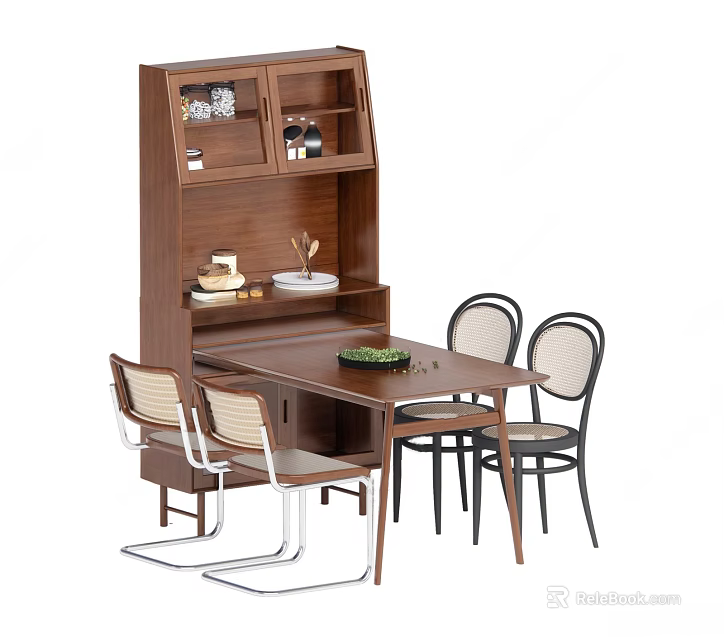 Modern Wooden Dining Table Set With Four Chairs And Open Shelf Cabinet With Decor Pieces 3d model 