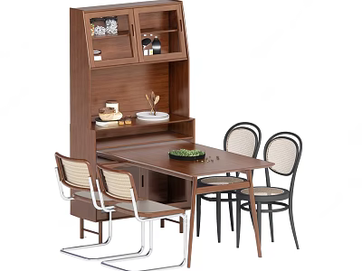 Modern Wooden Dining Table Set With Four Chairs And Open Shelf Cabinet With Decor Pieces 3d model