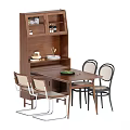 Modern Wooden Dining Table Set With Four Chairs And Open Shelf Cabinet With Decor Pieces