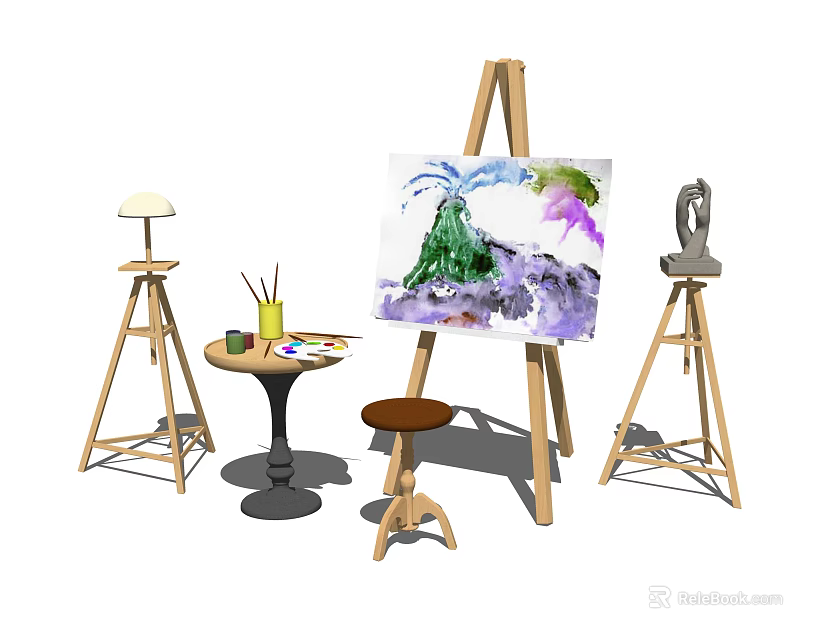 Art Supplies Studio Setup with Easel Painting Palette Brushes Lamp and Sculpture 3d model 
