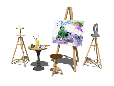 Art Supplies Studio Setup with Easel Painting Palette Brushes Lamp and Sculpture 3d model