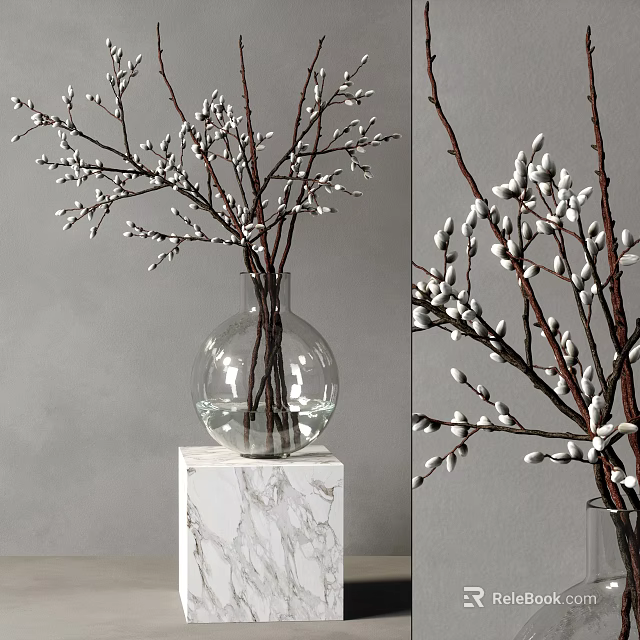 Clear Glass Vase With Willow Branches On White Marble Base Against Gray Background 3d model 