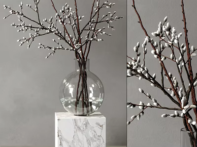 Clear Glass Vase With Willow Branches On White Marble Base Against Gray Background 3d model