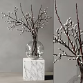 Clear Glass Vase With Willow Branches On White Marble Base Against Gray Background 3d model