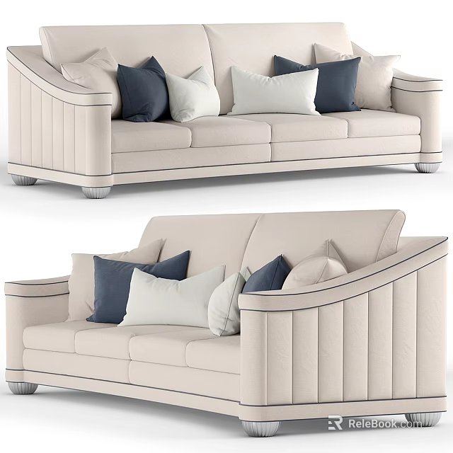 Beige Double Sofa With Stitched Armrests And Blue White Decorative Pillows 3d model