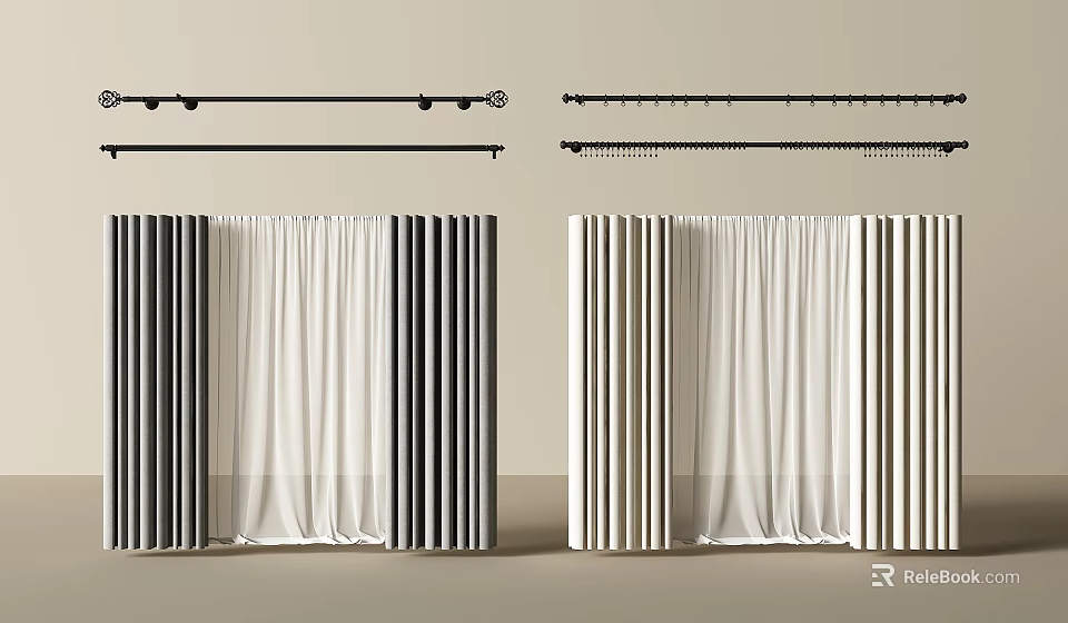 Modern Curtains With Striped Sheer Fabric And Curtain Rods Design 3d model 