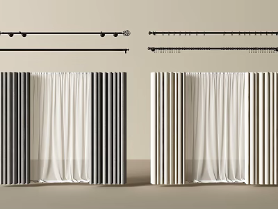 Modern Curtains With Striped Sheer Fabric And Curtain Rods Design 3d model