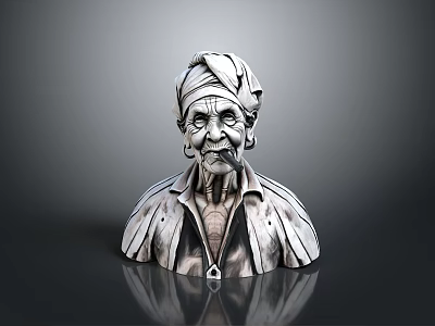 Detailed Elderly Man Portrait Bust Sculpture With Turban And Striped Shirt 3d model