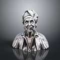 Detailed Elderly Man Portrait Bust Sculpture With Turban And Striped Shirt