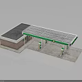 Gas Station Building Featuring Green Solar Panel Roof Red Brick Walls And Fuel Pumps