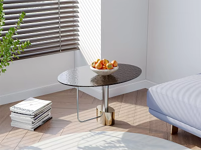 Round Black Top Side Table With Gold Base Metal Frame In Sunlit Living Room 3d model