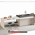 Modern Bar Counter With White Countertop Black Stools Sink Faucet Fruits and Tableware on Top