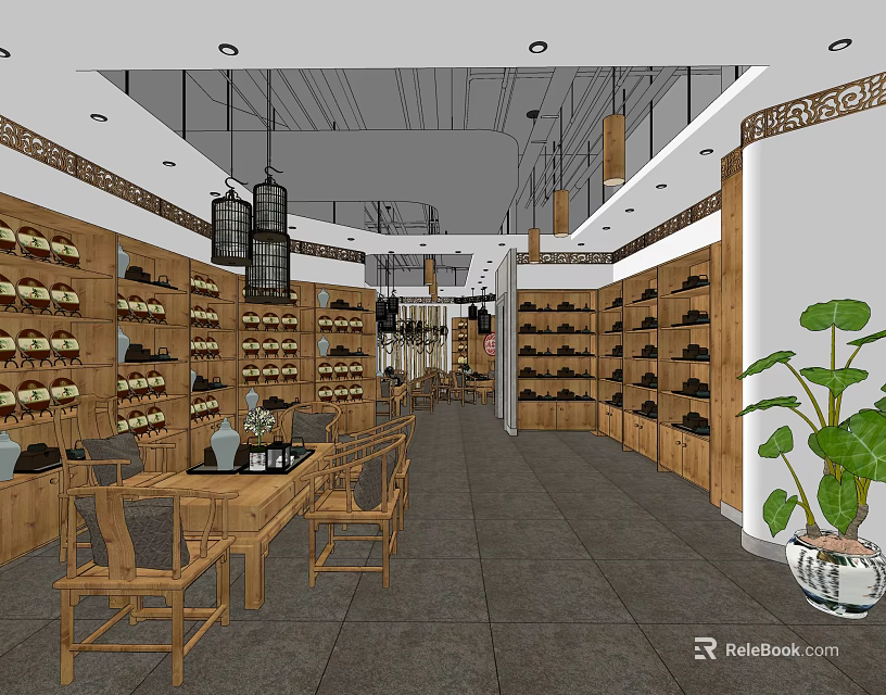 Chinese Style Specialty Store With Wooden Shelves Chandeliers Tables Chairs And Green Plants 3d model 