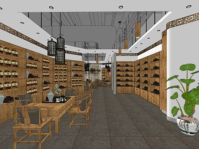 Chinese Style Specialty Store With Wooden Shelves Chandeliers Tables Chairs And Green Plants 3d model