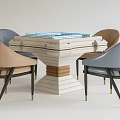 Modern Entertainment Table with Mahjong Tiles Four Gray Beige Chairs and Stylish Layered Base