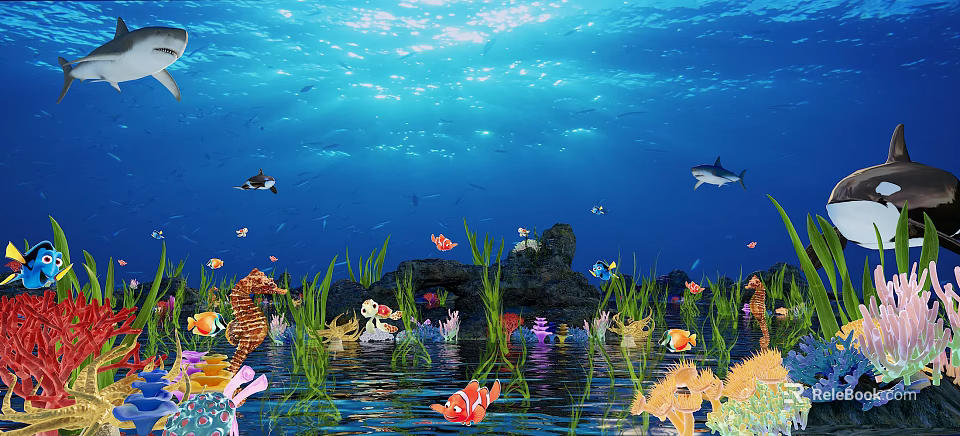 Underwater Scenic View With Blue Seawater Colorful Fish Shark Seahorses Rocks And Marine Plants 3d model 