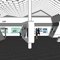 Modern Exhibition Hall Interior With Geometric Ceiling Digital Screens And People Visiting