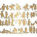 Golden Wooden Wall Decor Featuring Human And Animal Silhouettes In Various Poses Arranged In Rows