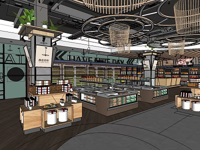 Modern Supermarket Department Store Interior With Shelves Display Areas Products And Hanging Lights 3d model