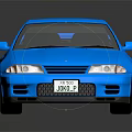 Glossy Blue Two Door Sports Car With Rear Spoiler And Reflective Surface