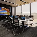 Modern Conference Room Interior With Long Table Laptops Projector Screen And Green Plant