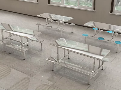 School Cafeteria Interior With Stainless Steel Tables Blue Stools And Windows 3d model