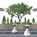 Elegant Tea Break Area With Central Tree Decorative Plants And Round Tables 3d model