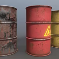 Industrial Equipment Multiple Colored Drums Featuring Hazard Symbols Flame And Radioactive