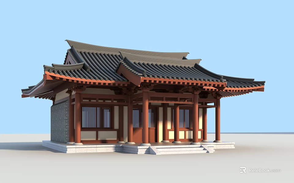 Ancient Chinese Architecture With Traditional Tiled Roof Wooden Columns And Stone Steps 3d model 
