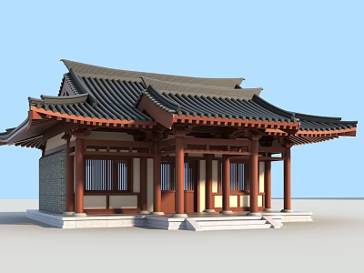 Ancient Chinese Architecture With Traditional Tiled Roof Wooden Columns And Stone Steps 3d model