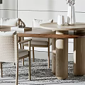 Modern Wooden Dining Table Set With Light Chairs Fruit Bowl Book Vase On Patterned Rug