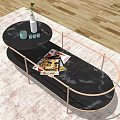 Black Marble Coffee Table with Rose Gold Metal Frame Vase Cups and Magazines