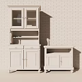 Yellow Wooden Decorative Cabinets with Glass Doors and Drawers Against Brick Wall