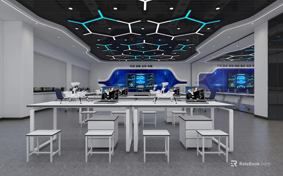 Modern Tech Control Room With Screens Robots Workstations And Lighting 3d model 