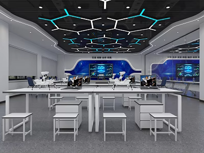 Modern Tech Control Room With Screens Robots Workstations And Lighting 3d model