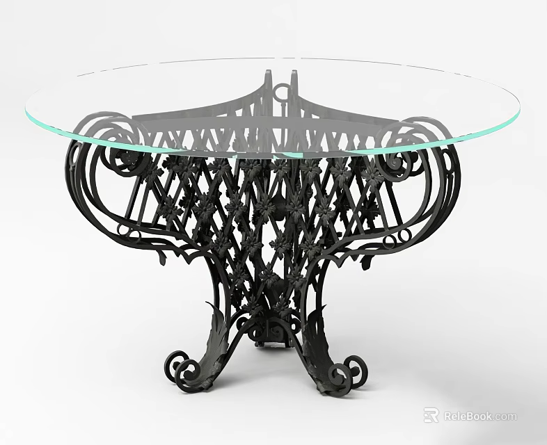 Round Glass Top Dining Table With Intricate Black Metal Wrought Iron Base And Curved Details 3d model 