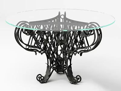 Round Glass Top Dining Table With Intricate Black Metal Wrought Iron Base And Curved Details 3d model
