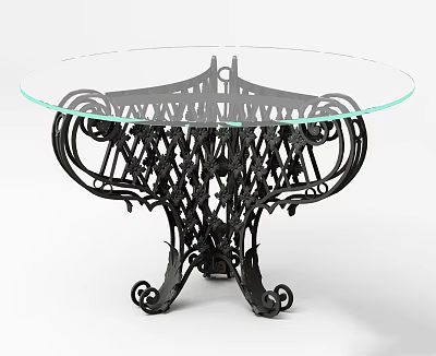 Round Glass Top Dining Table With Intricate Black Metal Wrought Iron Base And Curved Details 3d model