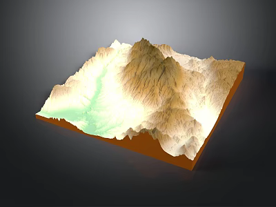 Detailed 3D Terrain Model With Mountain Ranges Green River And Orange Base 3d model
