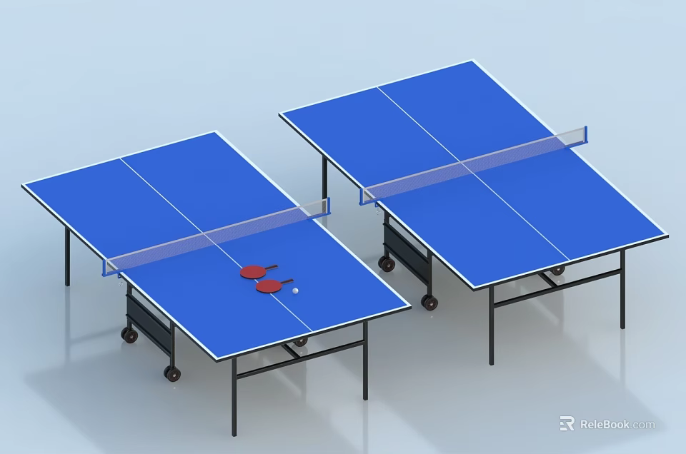 Blue Mobile Ping Pong Tables With Red Paddles And White Ball Sports Equipment 3d model 