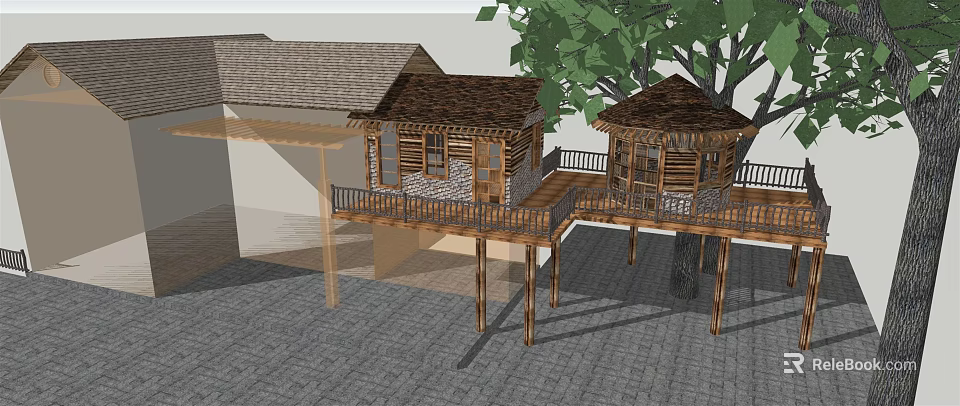 Wooden Tree House Structure With Two Small Cabins Balcony And Stone Slab Path 3d model