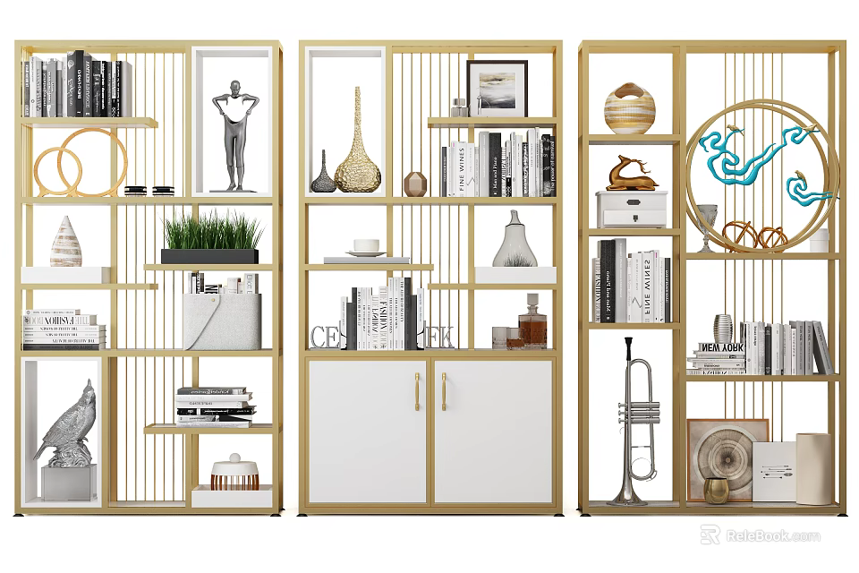 Modern Storage Shelving with Open Shelves Displaying Books Decorative Items Green Plants and Sculptures 3d model 