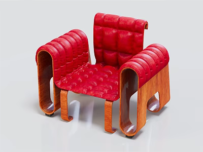 Red Tufted Leather Accent Chair With Modern Wooden Frame And Unique Armrests 3d model
