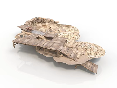 Modern Scene Model With Wooden Platform Stone Walls And Sandy Rocky Ground 3d model