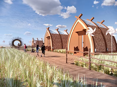 A Frame Wooden Cabins With Pathway Green Grass And Blue Sky View 3d model